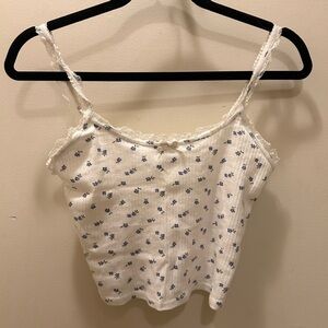 Full Tilt White Floral Lace-Trim Ribbed Cami with Blue Flowers